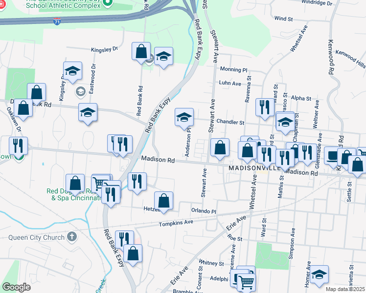 map of restaurants, bars, coffee shops, grocery stores, and more near 5026 Anderson Place in Cincinnati