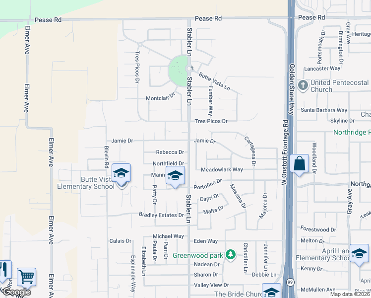map of restaurants, bars, coffee shops, grocery stores, and more near 1603 Rebecca Drive in Yuba City