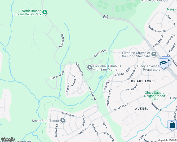map of restaurants, bars, coffee shops, grocery stores, and more near 4730 Babbling Brook Drive in Olney