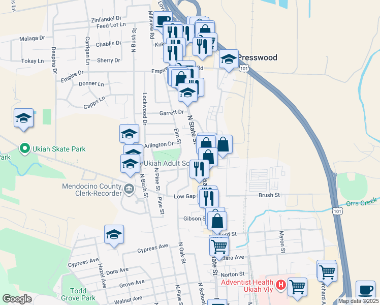 map of restaurants, bars, coffee shops, grocery stores, and more near 1040 North State Street in Ukiah