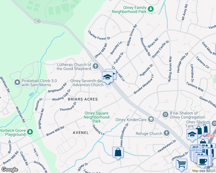 map of restaurants, bars, coffee shops, grocery stores, and more near 4100 Olney Laytonsville Road in Olney