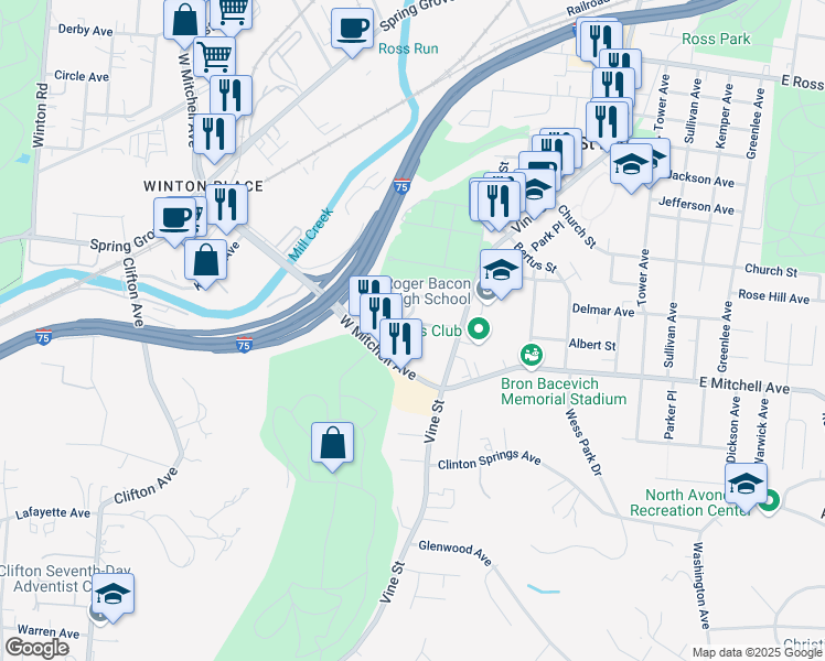 map of restaurants, bars, coffee shops, grocery stores, and more near 35 Wuest Street in Cincinnati