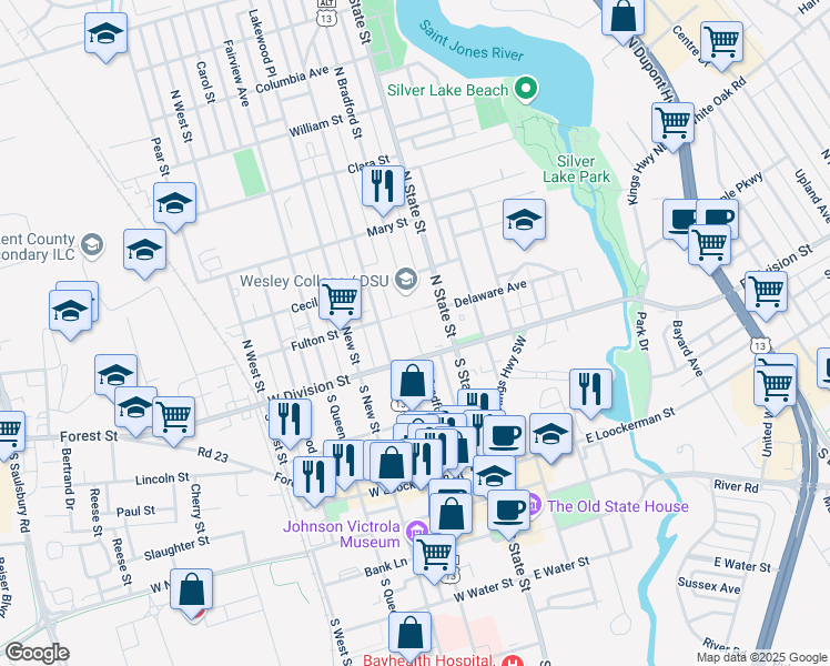 map of restaurants, bars, coffee shops, grocery stores, and more near 39 North Governors Avenue in Dover