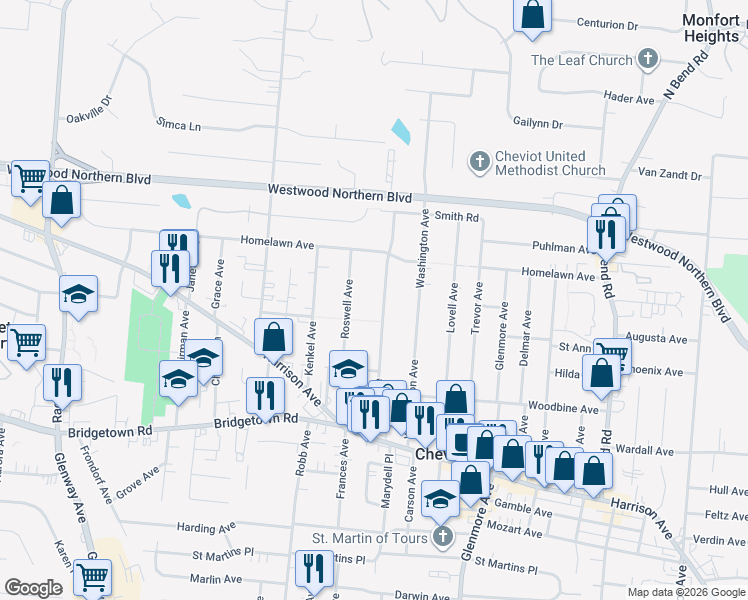 map of restaurants, bars, coffee shops, grocery stores, and more near 3959 Carrie Avenue in Cincinnati