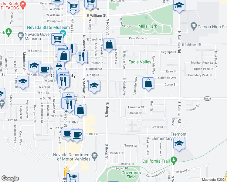 map of restaurants, bars, coffee shops, grocery stores, and more near 209 South Pratt Avenue in Carson City
