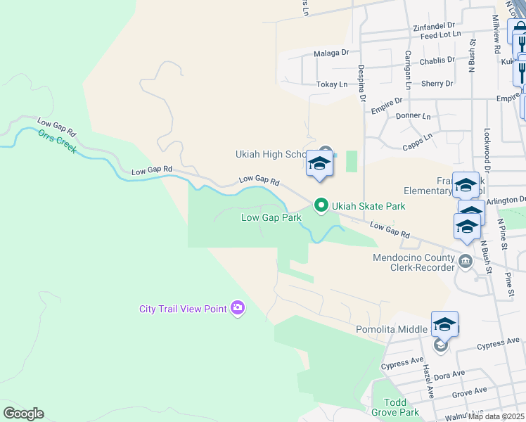 map of restaurants, bars, coffee shops, grocery stores, and more near 1100 Low Gap Road in Ukiah