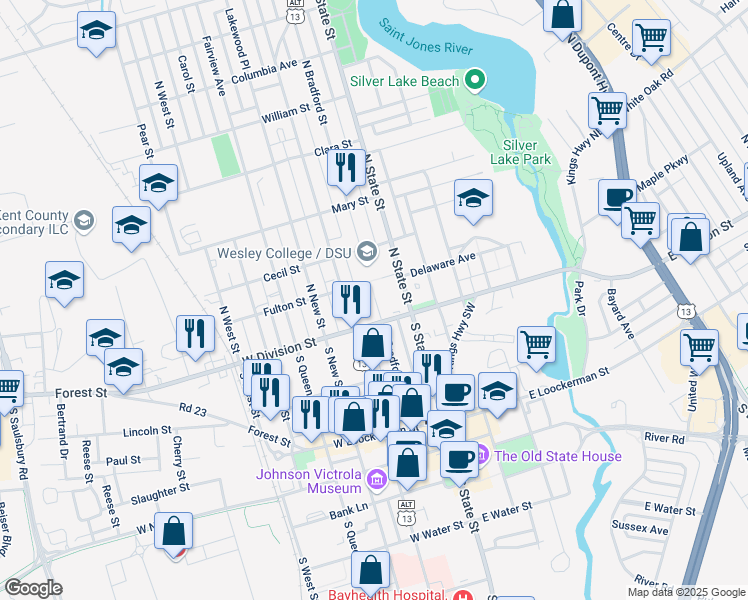 map of restaurants, bars, coffee shops, grocery stores, and more near 39 North Governors Avenue in Dover