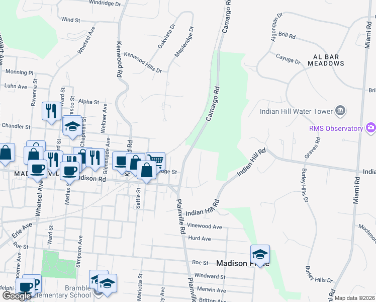 map of restaurants, bars, coffee shops, grocery stores, and more near 5135 Camargo Pike in Cincinnati