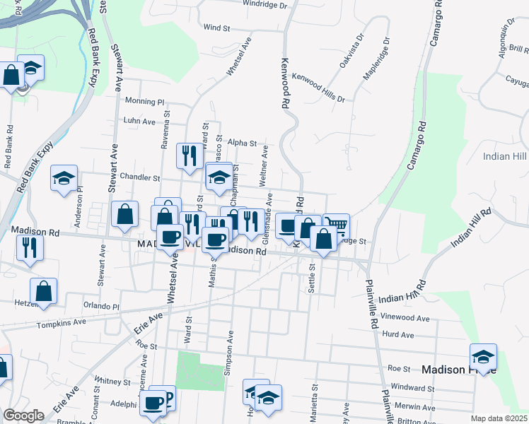 map of restaurants, bars, coffee shops, grocery stores, and more near 6309 Desmond Street in Cincinnati
