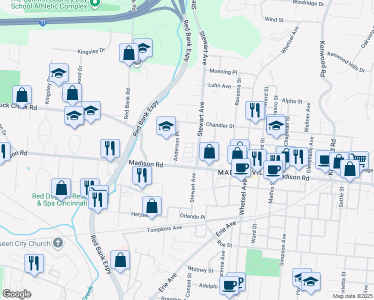 map of restaurants, bars, coffee shops, grocery stores, and more near 5109 Stewart Avenue in Cincinnati