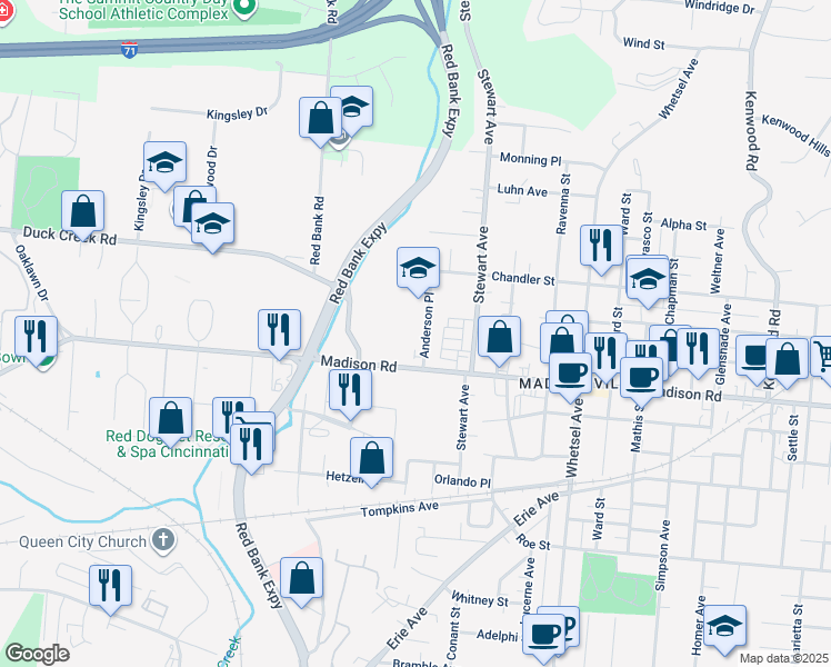 map of restaurants, bars, coffee shops, grocery stores, and more near 5026 Anderson Place in Cincinnati