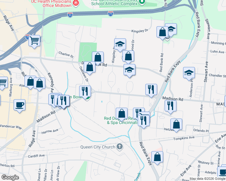map of restaurants, bars, coffee shops, grocery stores, and more near 5019 Madison Road in Cincinnati