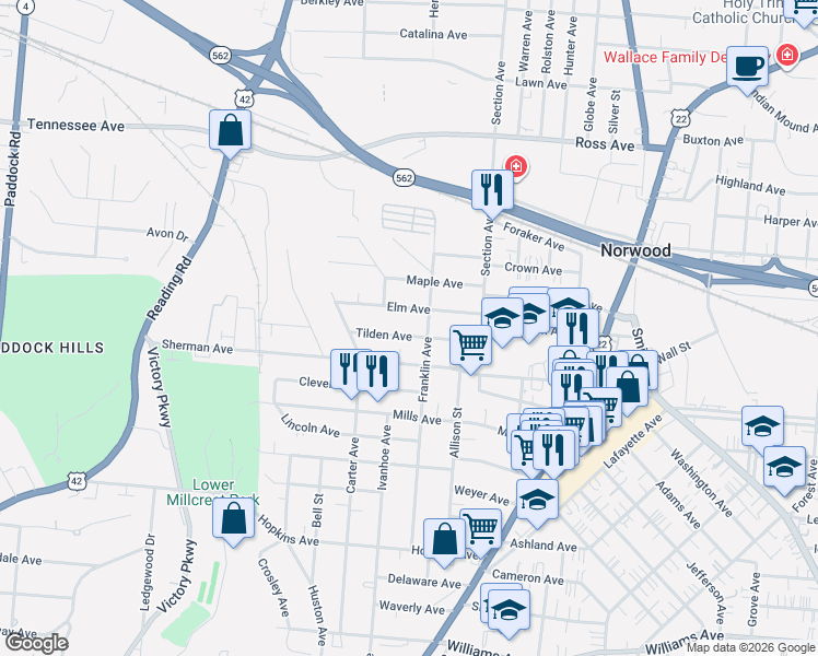 map of restaurants, bars, coffee shops, grocery stores, and more near 1844 Tilden Avenue in Cincinnati