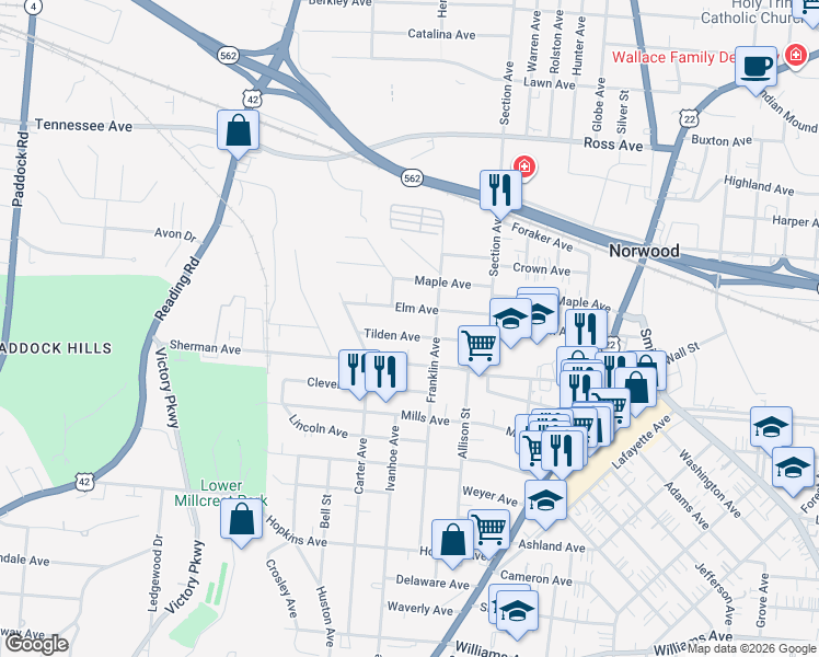 map of restaurants, bars, coffee shops, grocery stores, and more near 1844 Tilden Avenue in Cincinnati