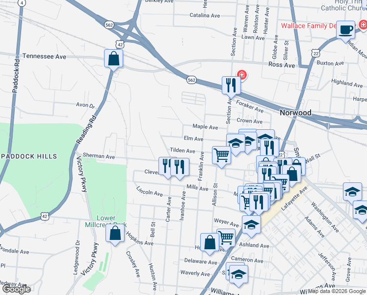 map of restaurants, bars, coffee shops, grocery stores, and more near 1844 Tilden Avenue in Cincinnati