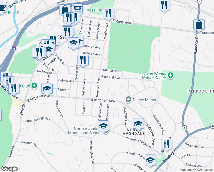map of restaurants, bars, coffee shops, grocery stores, and more near 4265 Dartmouth Drive in Cincinnati