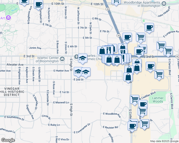map of restaurants, bars, coffee shops, grocery stores, and more near 2305 East 2nd Street in Bloomington