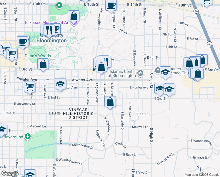 map of restaurants, bars, coffee shops, grocery stores, and more near 501 South Mitchell Street in Bloomington