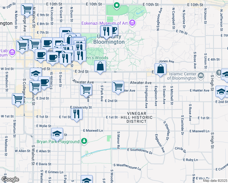 map of restaurants, bars, coffee shops, grocery stores, and more near 822 East Hunter Avenue in Bloomington