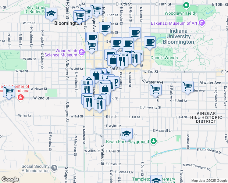 map of restaurants, bars, coffee shops, grocery stores, and more near 423 South Washington Street in Bloomington