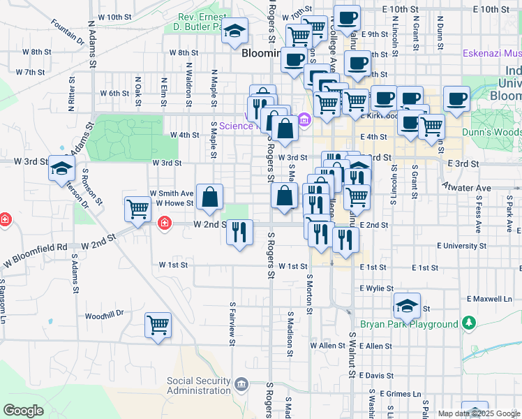map of restaurants, bars, coffee shops, grocery stores, and more near 519 West Howe Street in Bloomington