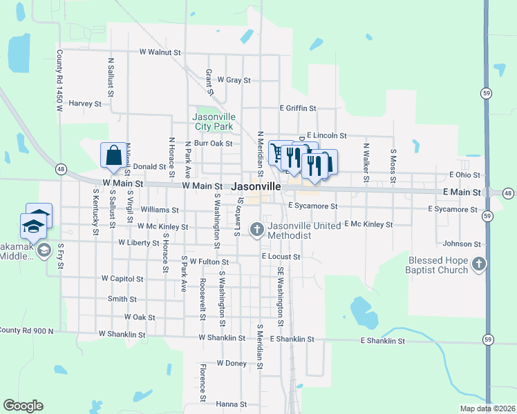 map of restaurants, bars, coffee shops, grocery stores, and more near 114 Cook Street in Jasonville