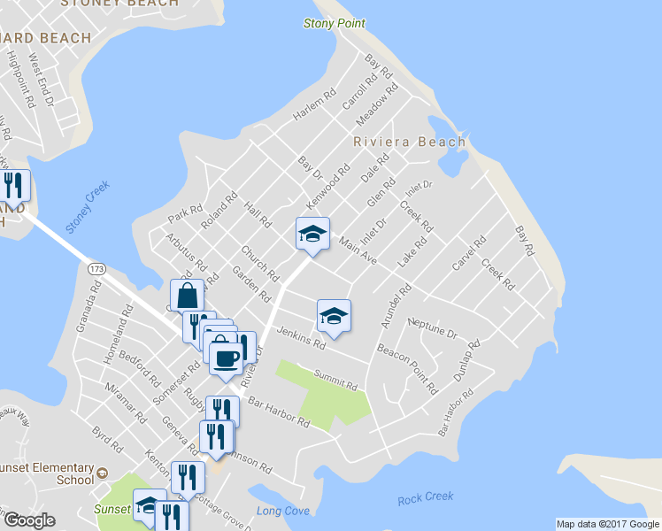 map of restaurants, bars, coffee shops, grocery stores, and more near 176 Inlet Drive in Pasadena