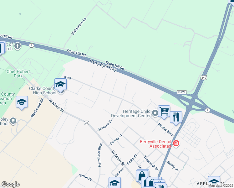 map of restaurants, bars, coffee shops, grocery stores, and more near 1463 Senseny Road in Berryville