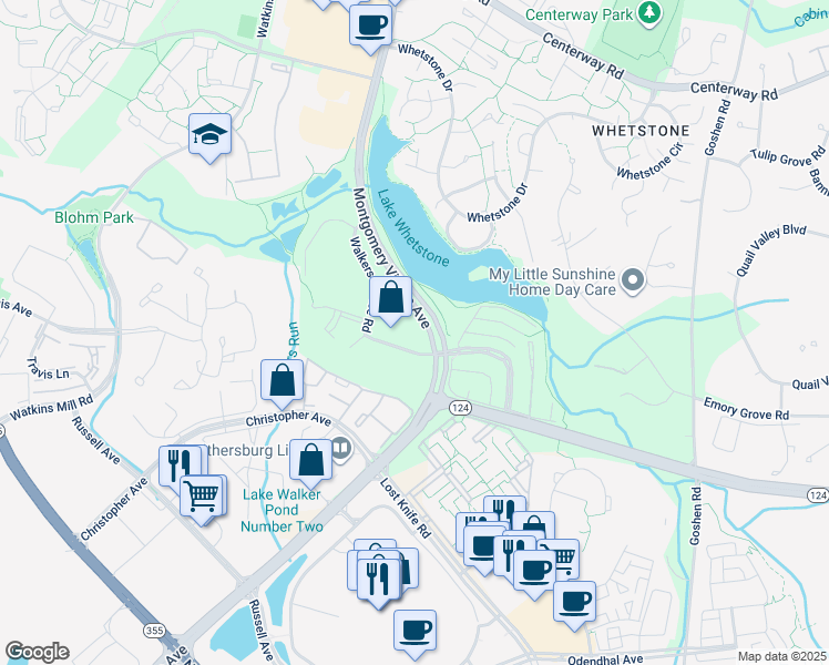 map of restaurants, bars, coffee shops, grocery stores, and more near 18611 Walkers Choice Road in Montgomery Village
