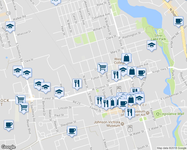 map of restaurants, bars, coffee shops, grocery stores, and more near 115 Kirkwood Street in Dover