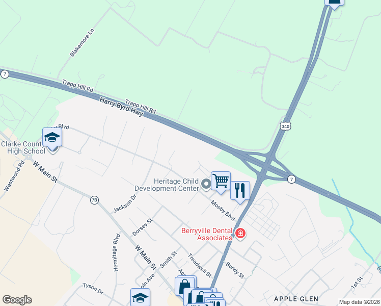 map of restaurants, bars, coffee shops, grocery stores, and more near 430 Mosby Boulevard in Berryville