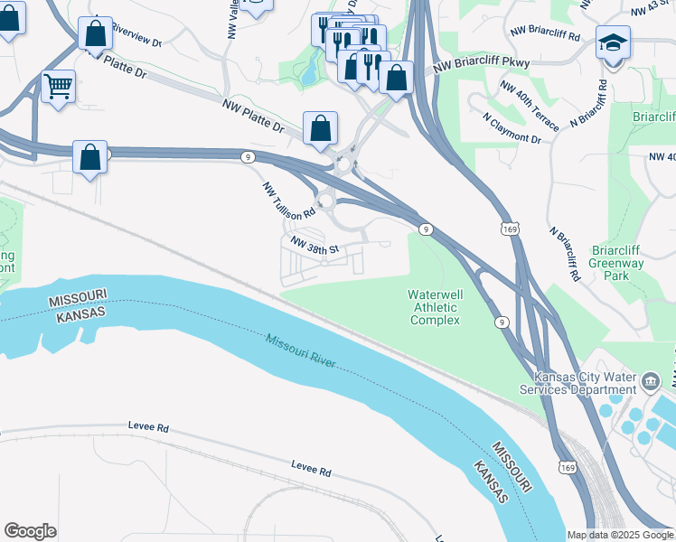 map of restaurants, bars, coffee shops, grocery stores, and more near 1551 Northwest 38th Street in Kansas City