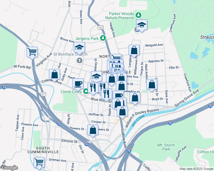 map of restaurants, bars, coffee shops, grocery stores, and more near 4145 Apple Street in Cincinnati