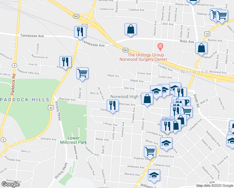 map of restaurants, bars, coffee shops, grocery stores, and more near 1812 Tilden Avenue in Norwood