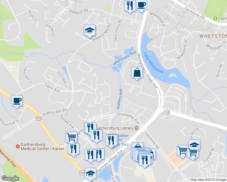 map of restaurants, bars, coffee shops, grocery stores, and more near 1352 Carlsbad Drive in Gaithersburg