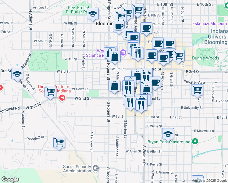 map of restaurants, bars, coffee shops, grocery stores, and more near 411 West Howe Street in Bloomington