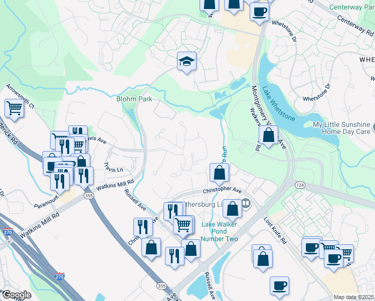 map of restaurants, bars, coffee shops, grocery stores, and more near 332 Wye Mill Court in Gaithersburg