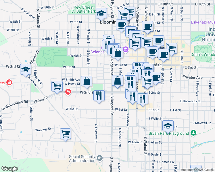 map of restaurants, bars, coffee shops, grocery stores, and more near 519 West Howe Street in Bloomington