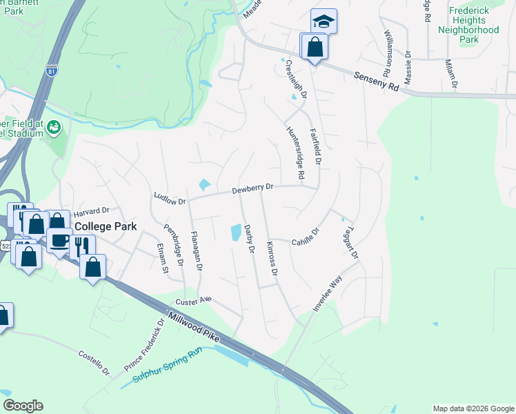 map of restaurants, bars, coffee shops, grocery stores, and more near 147 Kinross Drive in Winchester