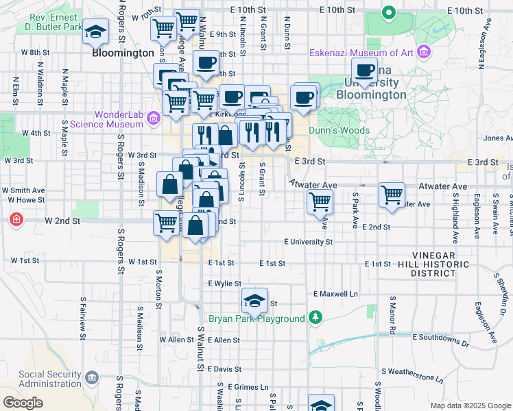 map of restaurants, bars, coffee shops, grocery stores, and more near 420 South Grant Street in Bloomington
