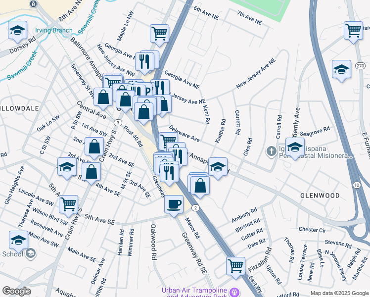map of restaurants, bars, coffee shops, grocery stores, and more near 7515 Baltimore Annapolis Boulevard in Glen Burnie