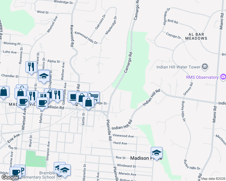 map of restaurants, bars, coffee shops, grocery stores, and more near 5135 Camargo Pike in Cincinnati