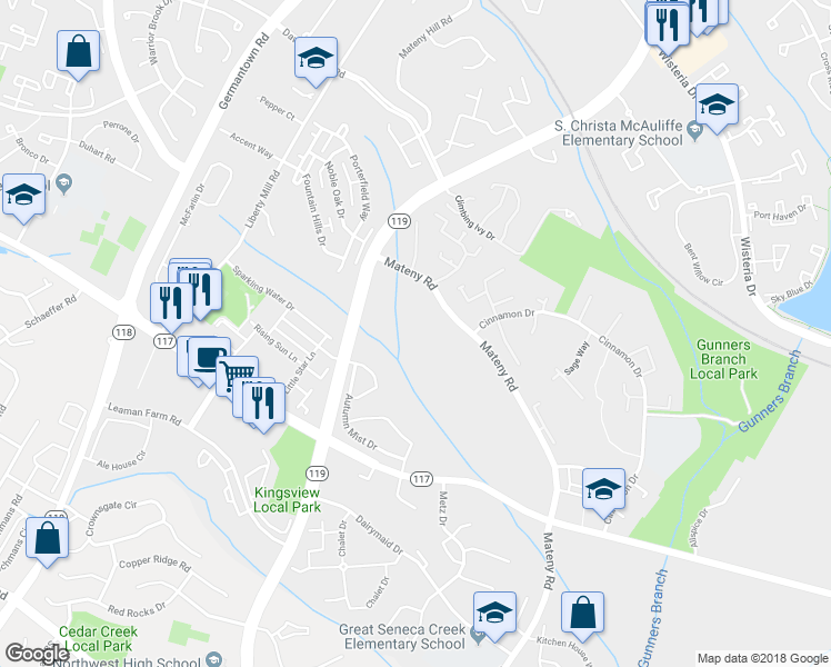 map of restaurants, bars, coffee shops, grocery stores, and more near 18804 Harmony Woods Lane in Germantown