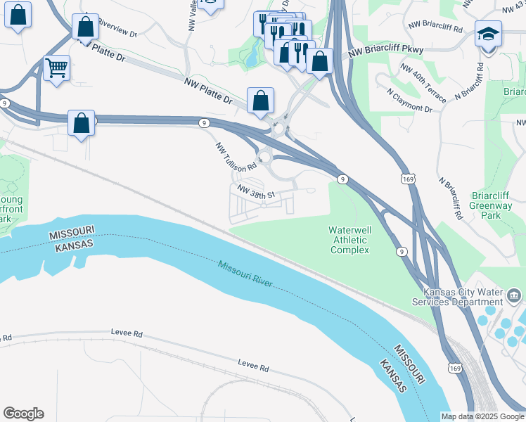 map of restaurants, bars, coffee shops, grocery stores, and more near 1601 Northwest 38th Street in Kansas City