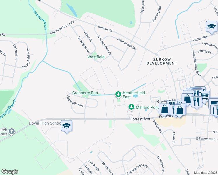 map of restaurants, bars, coffee shops, grocery stores, and more near 232 Pebble Valley Drive in Dover