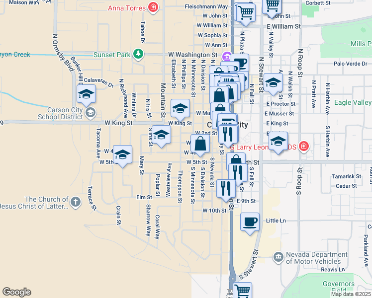 map of restaurants, bars, coffee shops, grocery stores, and more near 310 South Minnesota Street in Carson City