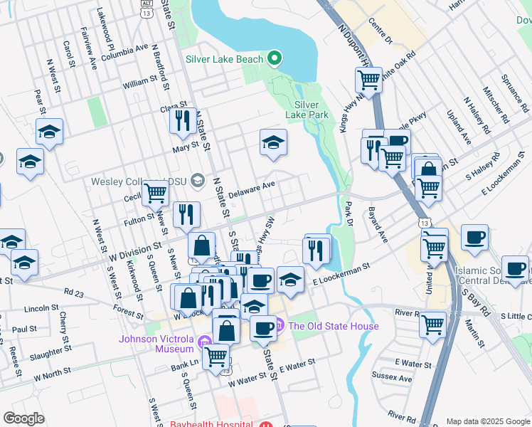 map of restaurants, bars, coffee shops, grocery stores, and more near 104 East Division Street in Dover