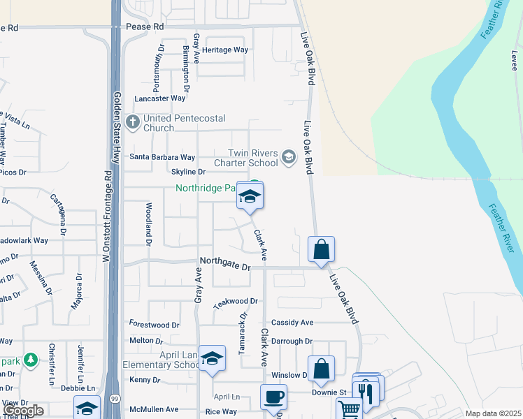 map of restaurants, bars, coffee shops, grocery stores, and more near 1877 Clark Avenue in Yuba City