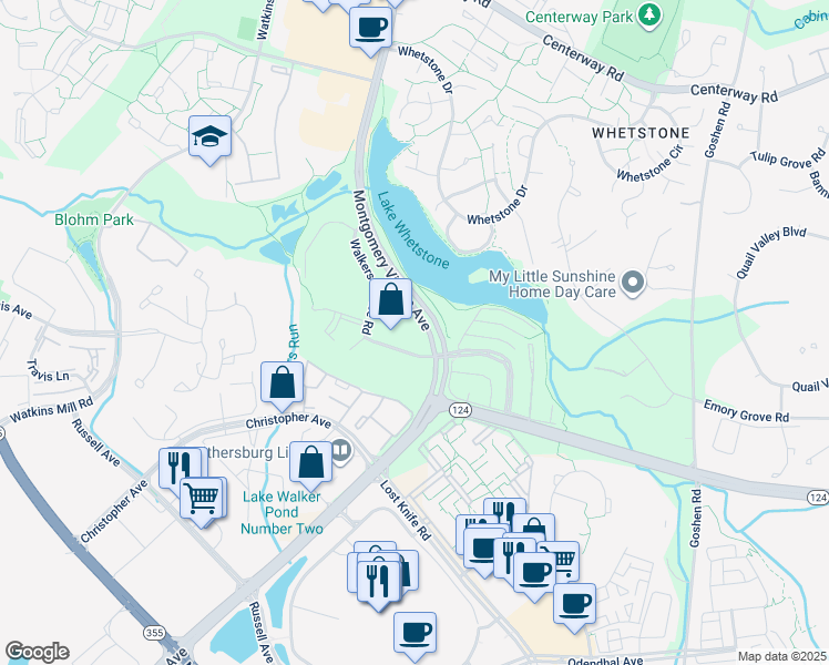 map of restaurants, bars, coffee shops, grocery stores, and more near 18611 Walkers Choice Road in Montgomery Village