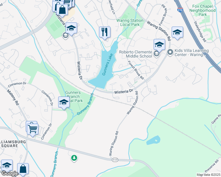 map of restaurants, bars, coffee shops, grocery stores, and more near 12205 Thorn Grove Pl in Germantown